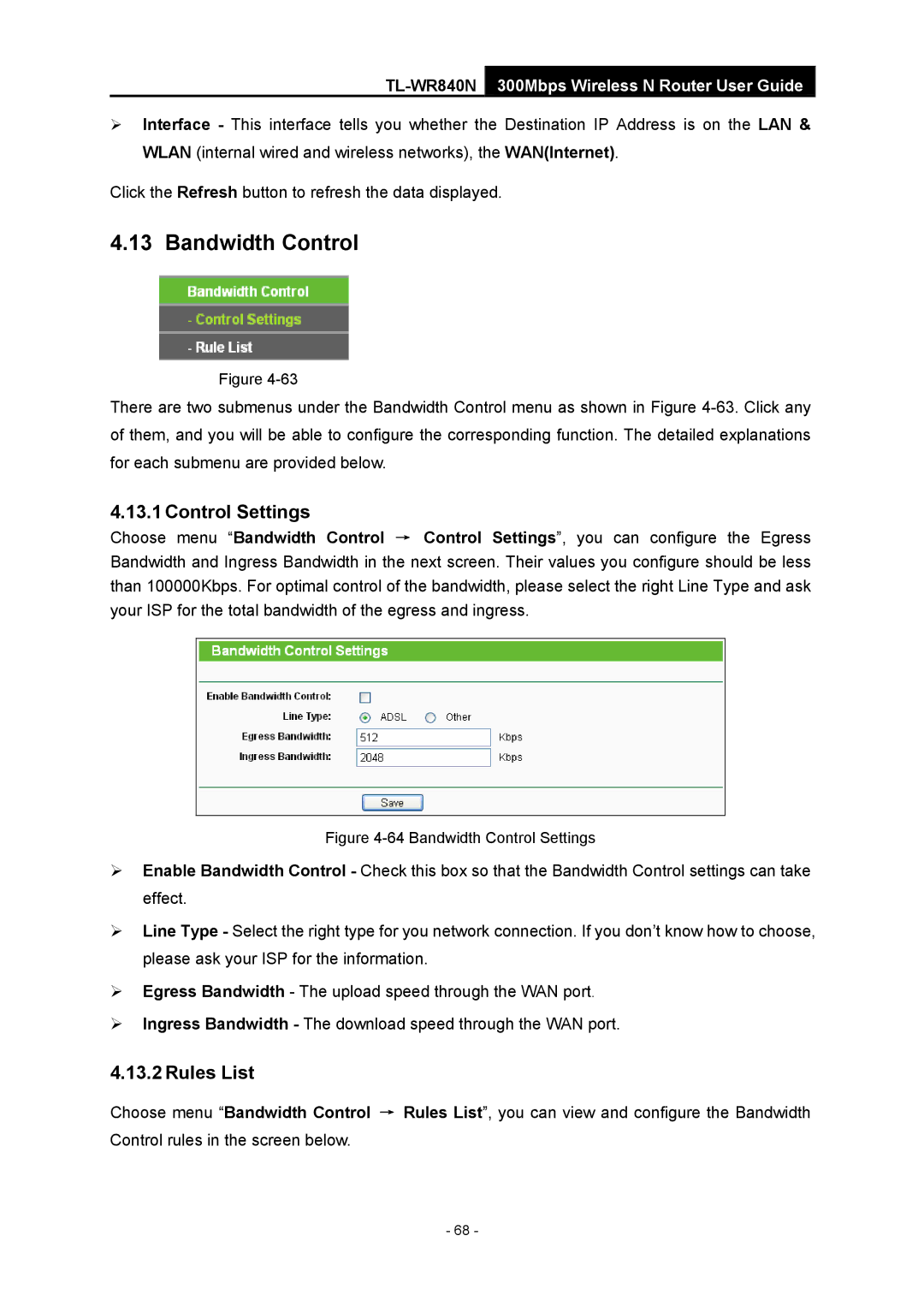 TP-Link TL-WR840N manual Bandwidth Control, Control Settings, Rules List 