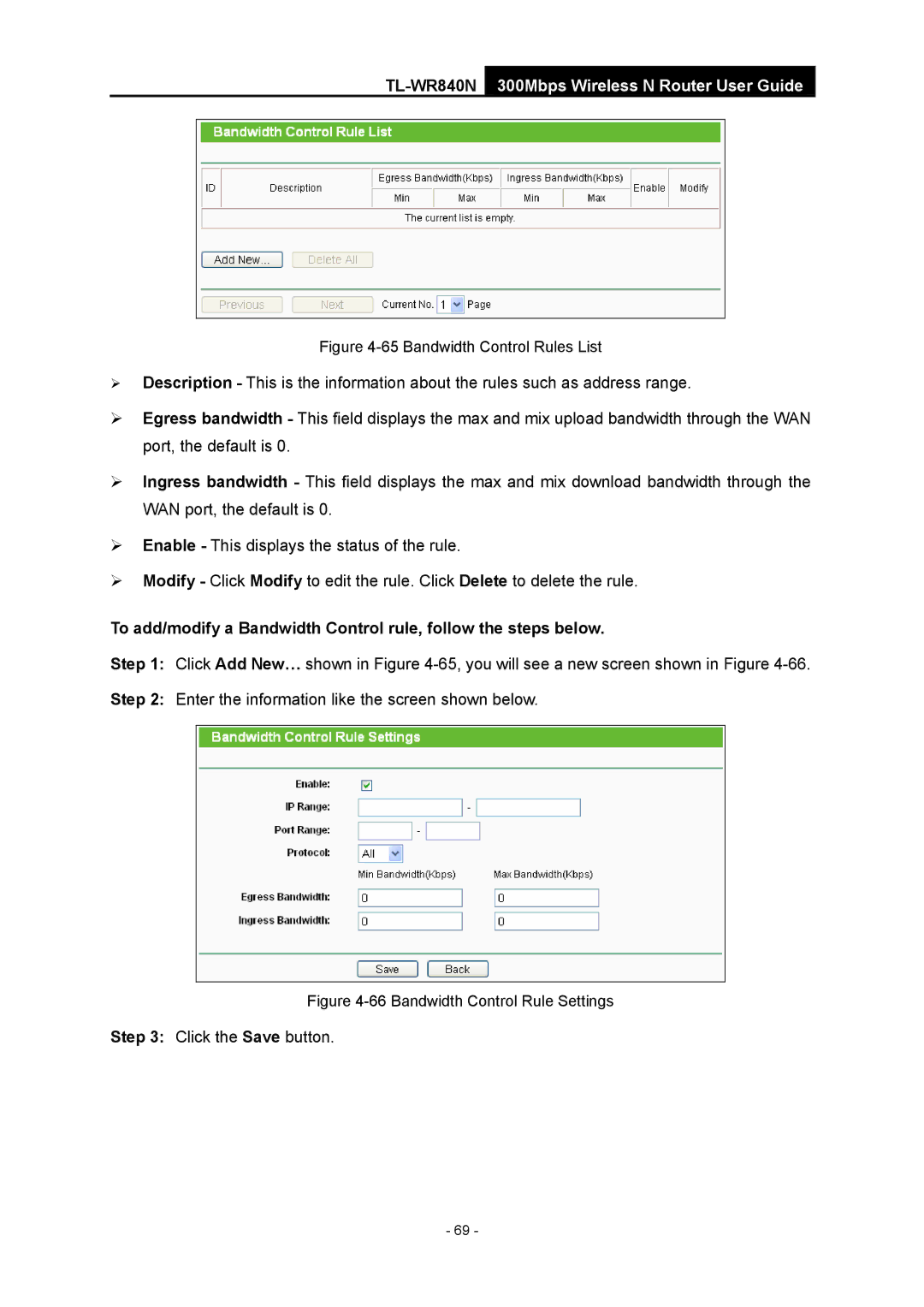 TP-Link TL-WR840N manual Bandwidth Control Rules List 