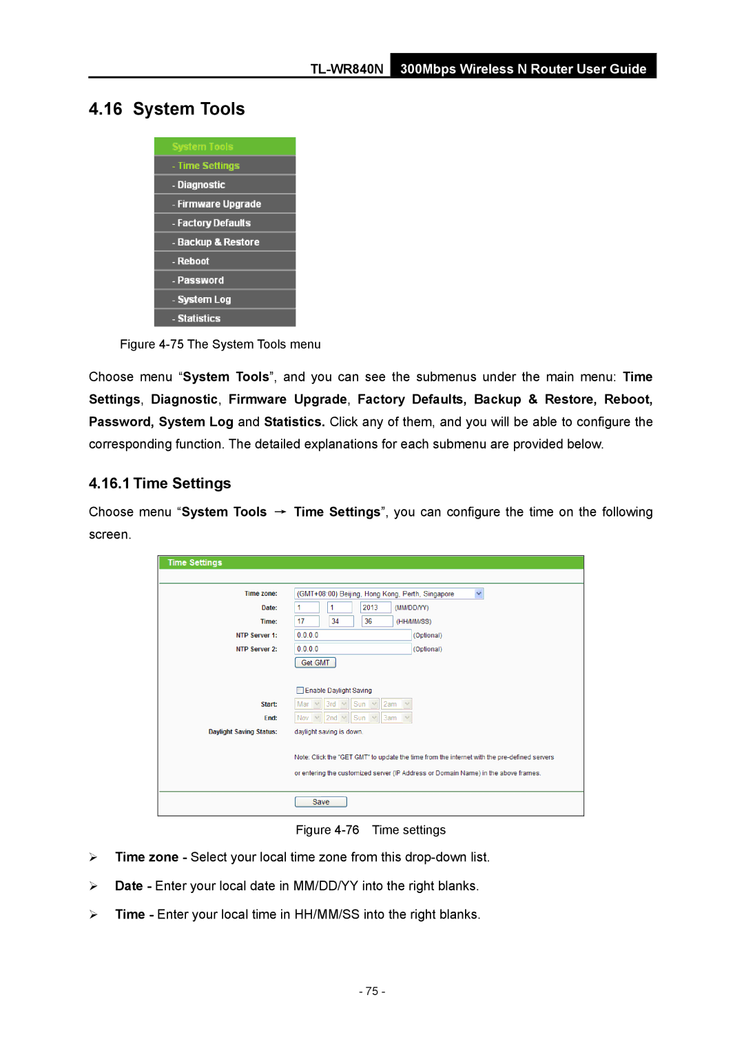 TP-Link TL-WR840N manual System Tools, Time Settings 