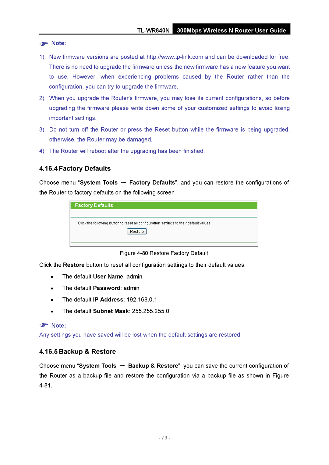 TP-Link TL-WR840N manual Factory Defaults, Backup & Restore 