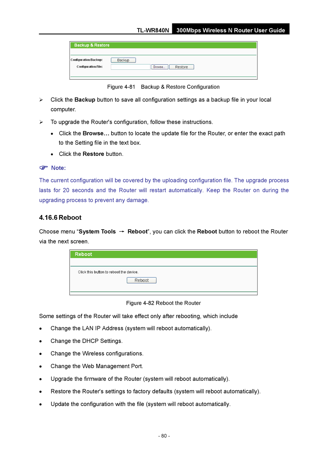 TP-Link TL-WR840N manual Reboot, Backup & Restore Configuration 