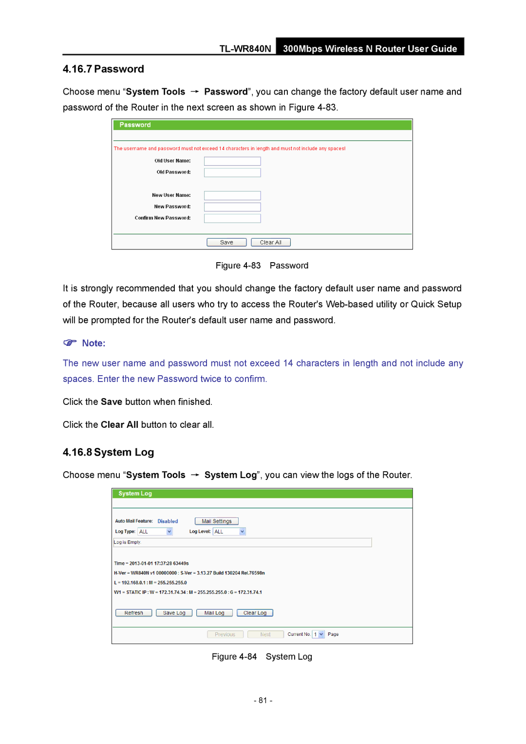 TP-Link TL-WR840N manual Password, System Log 