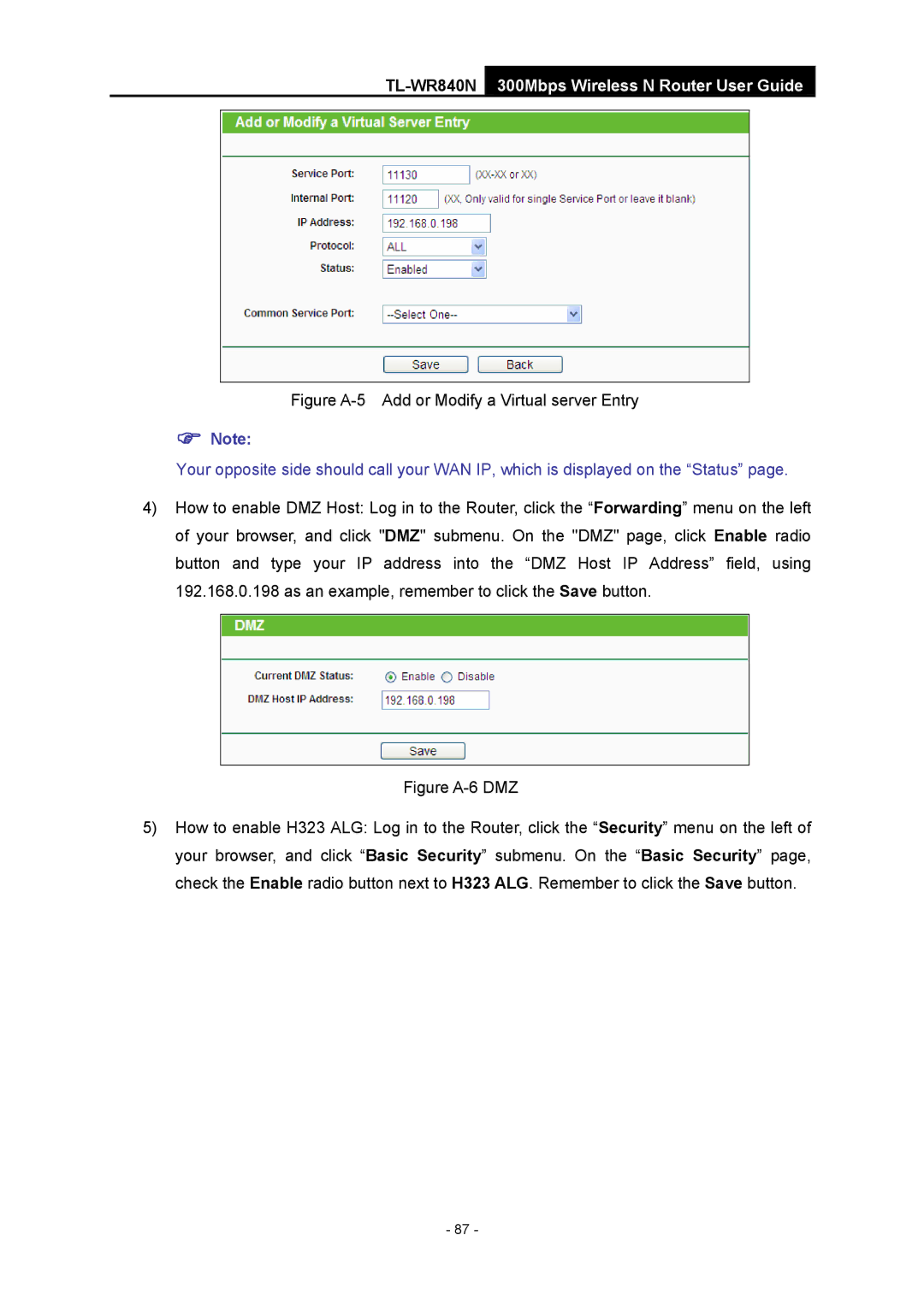 TP-Link TL-WR840N manual Figure A-5 Add or Modify a Virtual server Entry 