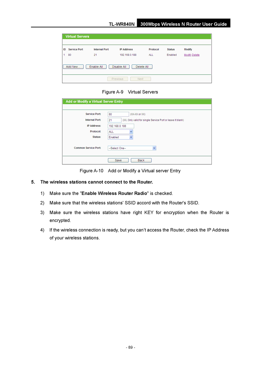 TP-Link TL-WR840N manual Figure A-9 Virtual Servers, Wireless stations cannot connect to the Router 