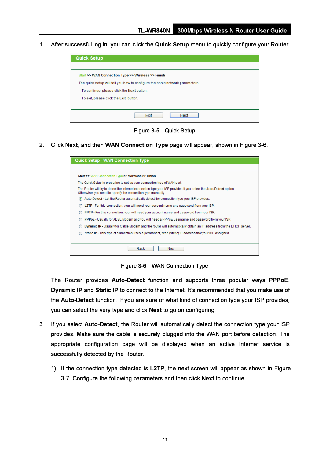 TP-Link manual TL-WR840N 300Mbps Wireless N Router User Guide, 5 Quick Setup, 6 WAN Connection Type 