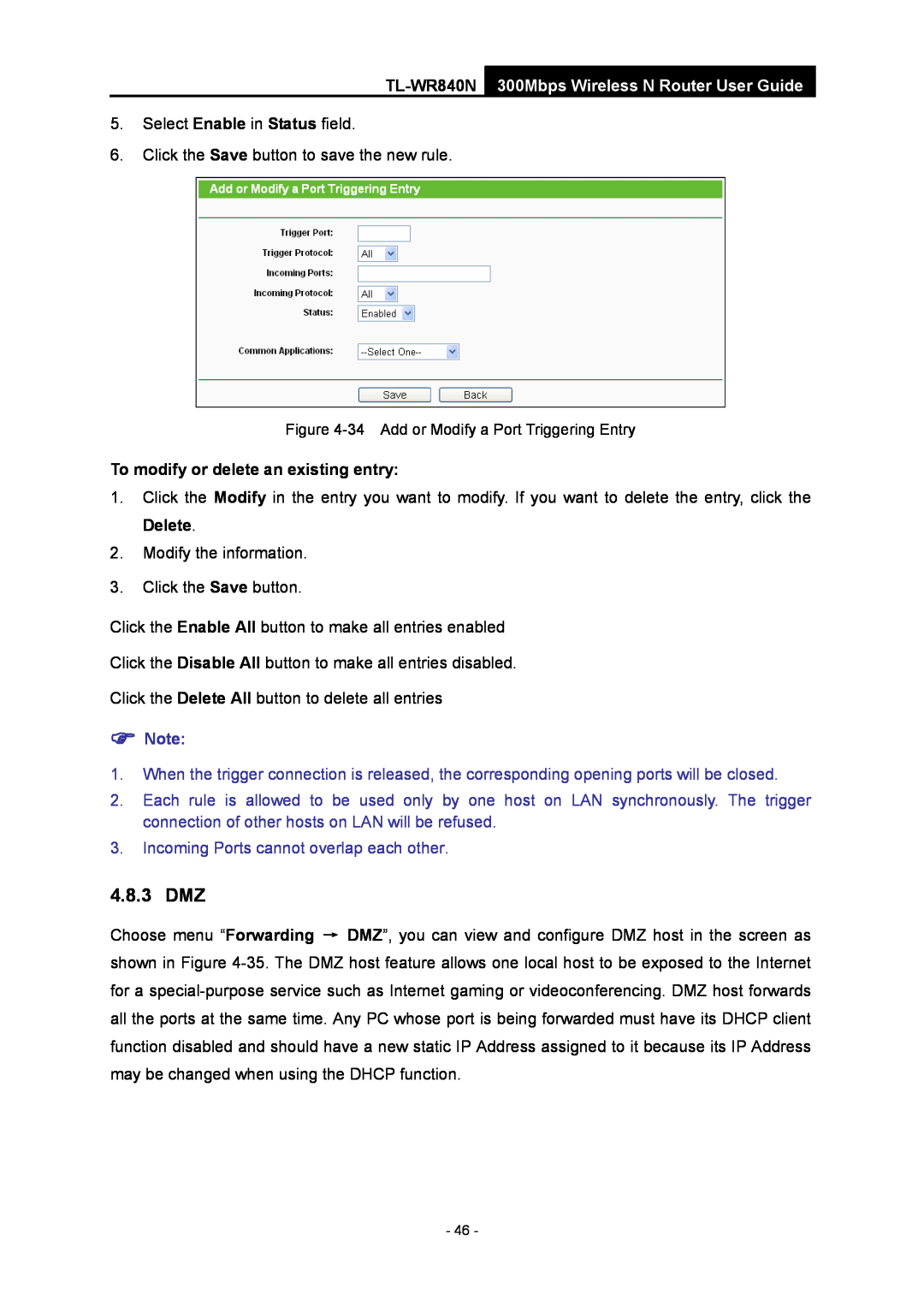 TP-Link manual 4.8.3 DMZ, Incoming Ports cannot overlap each other, TL-WR840N 300Mbps Wireless N Router User Guide 