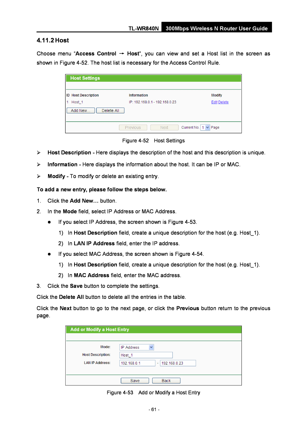 TP-Link manual Host, TL-WR840N 300Mbps Wireless N Router User Guide, To add a new entry, please follow the steps below 