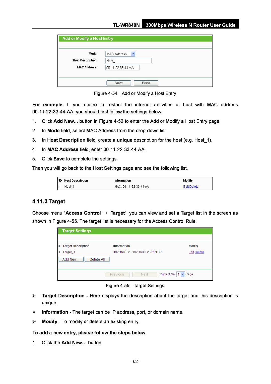 TP-Link manual Target, TL-WR840N 300Mbps Wireless N Router User Guide, To add a new entry, please follow the steps below 