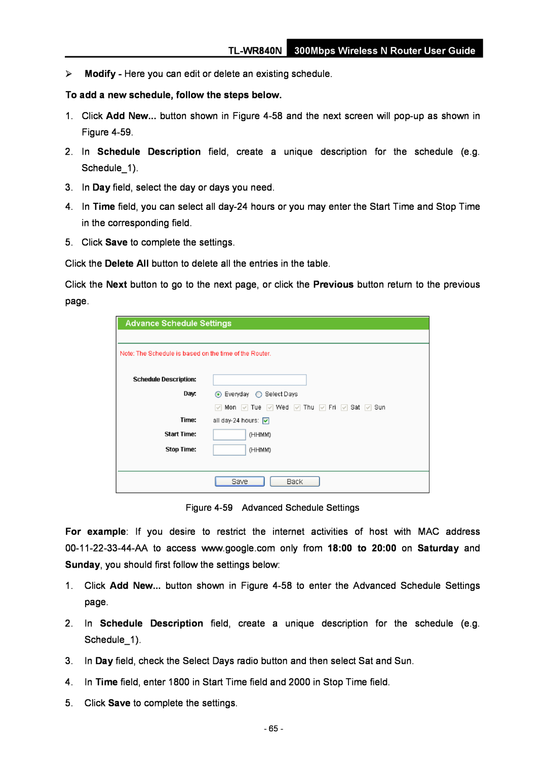 TP-Link manual To add a new schedule, follow the steps below, TL-WR840N 300Mbps Wireless N Router User Guide 