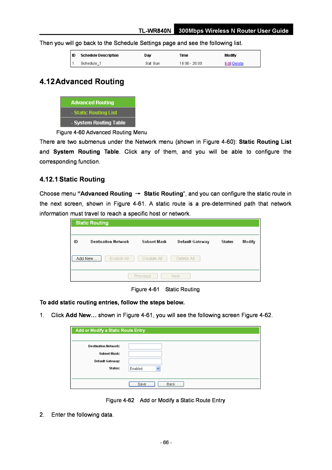 TP-Link TL-WR840N manual 4.12Advanced Routing, Static Routing, To add static routing entries, follow the steps below 