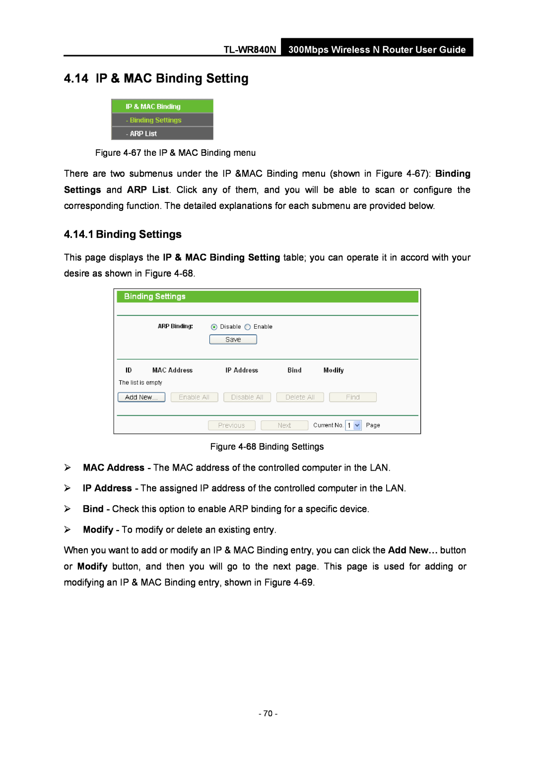 TP-Link manual 4.14 IP & MAC Binding Setting, Binding Settings, TL-WR840N 300Mbps Wireless N Router User Guide 
