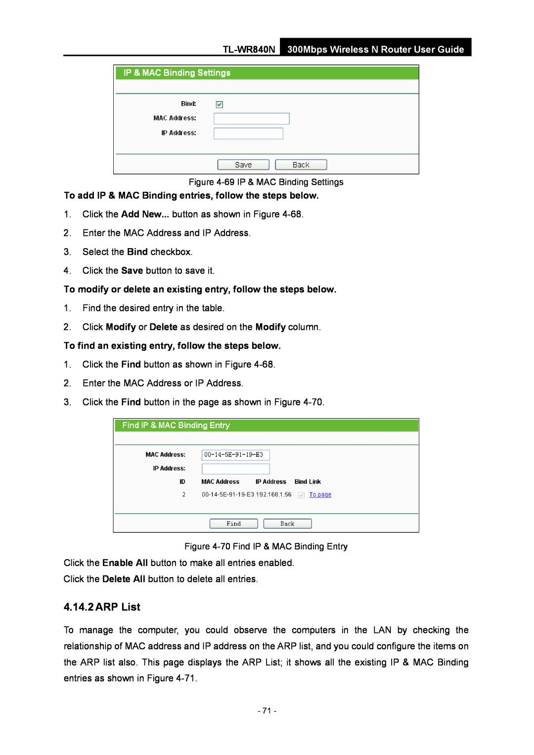 TP-Link TL-WR840N manual ARP List, To add IP & MAC Binding entries, follow the steps below 