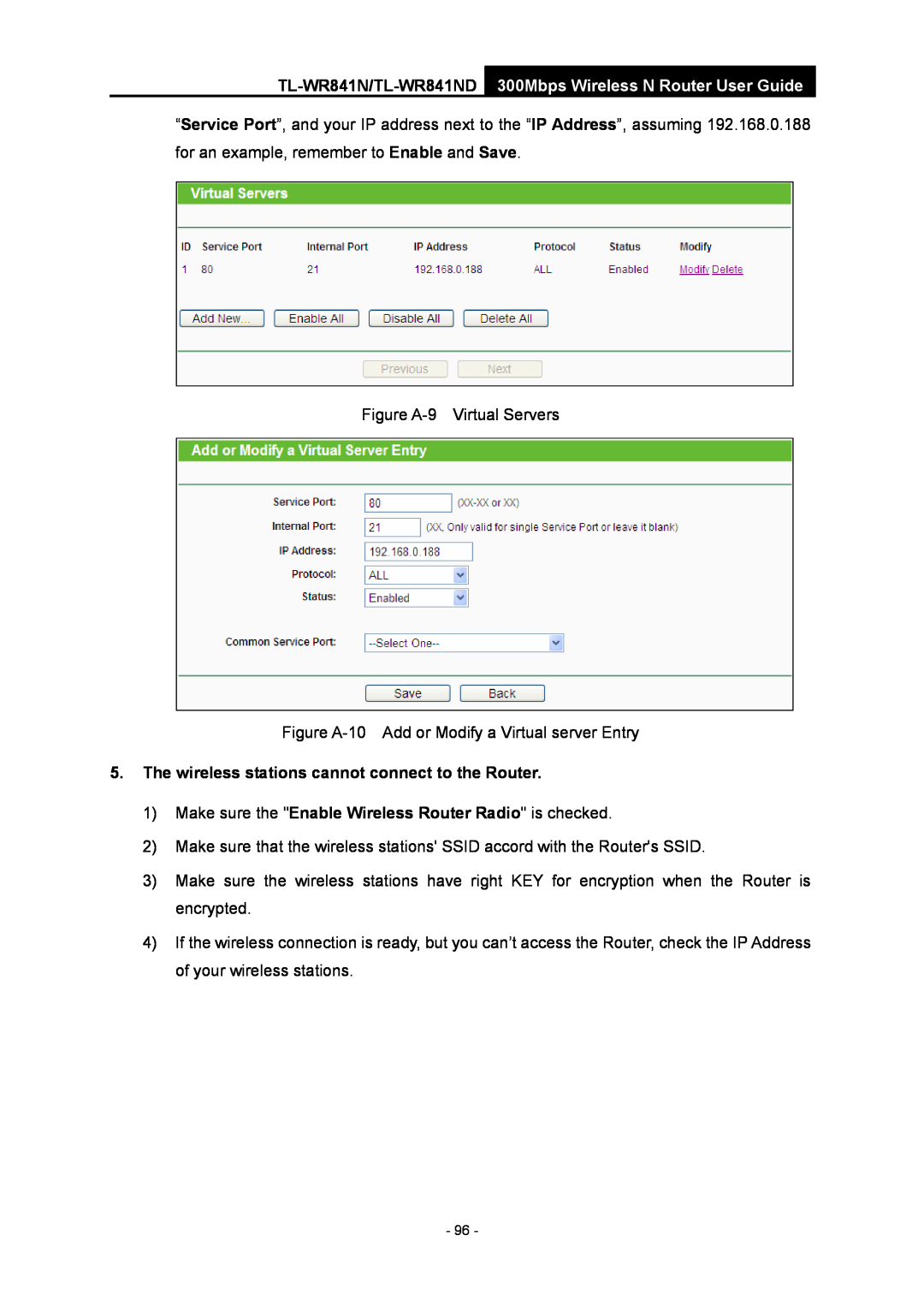 TP-Link TL-WR841N manual The wireless stations cannot connect to the Router 