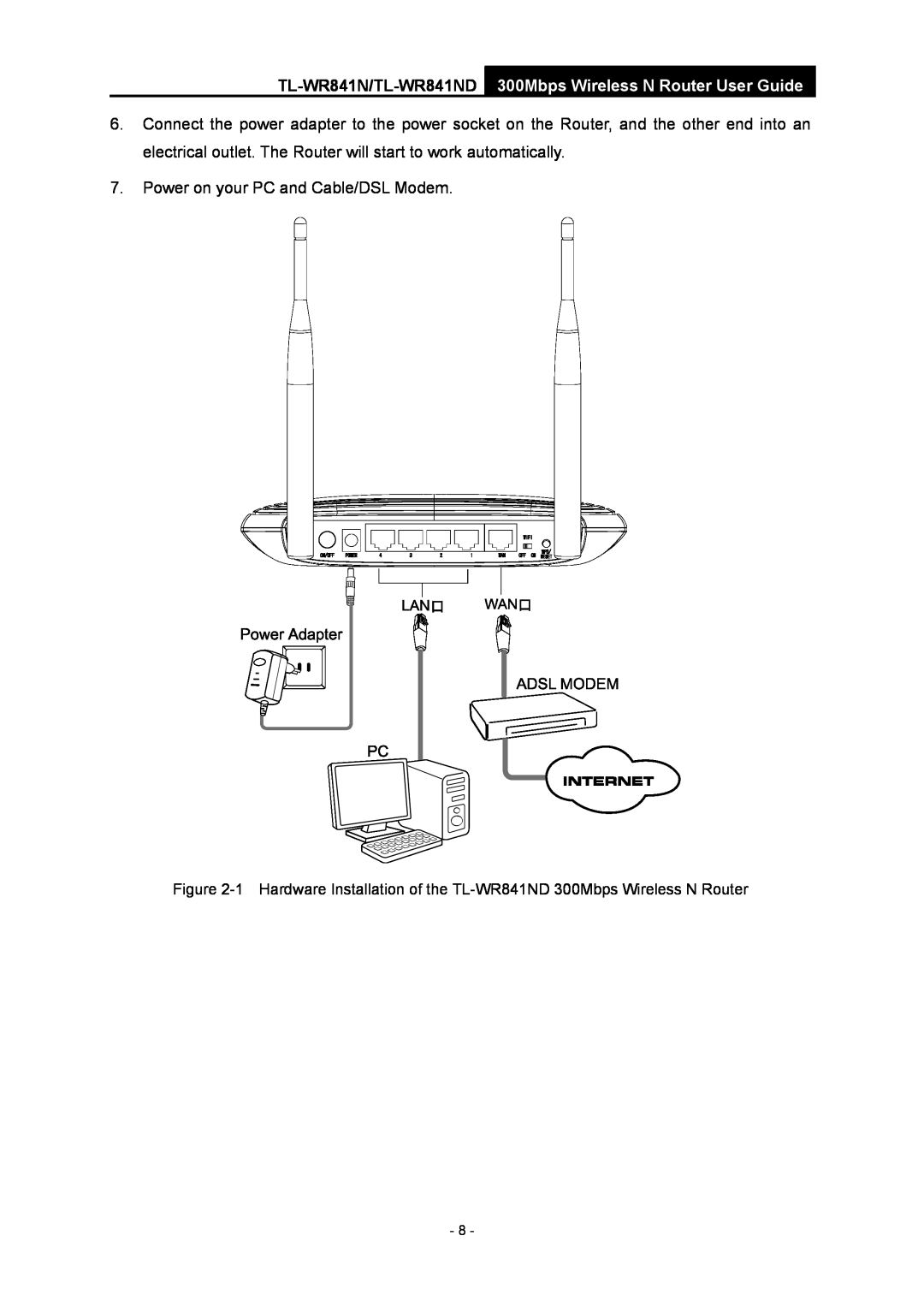 TP-Link manual TL-WR841N/TL-WR841ND 300Mbps Wireless N Router User Guide, Power on your PC and Cable/DSL Modem 