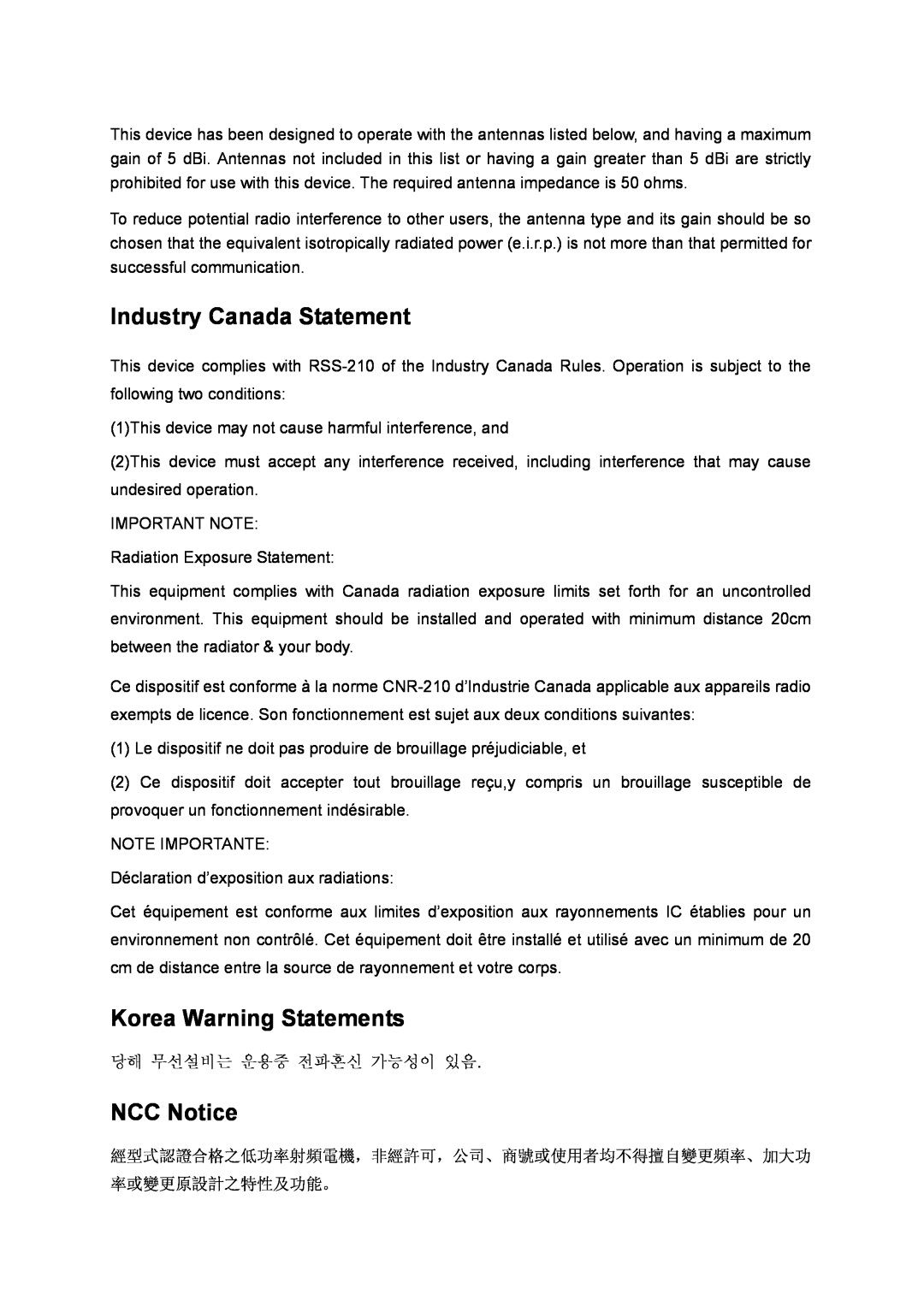 TP-Link TL-WR841N manual Industry Canada Statement, Korea Warning Statements, NCC Notice 