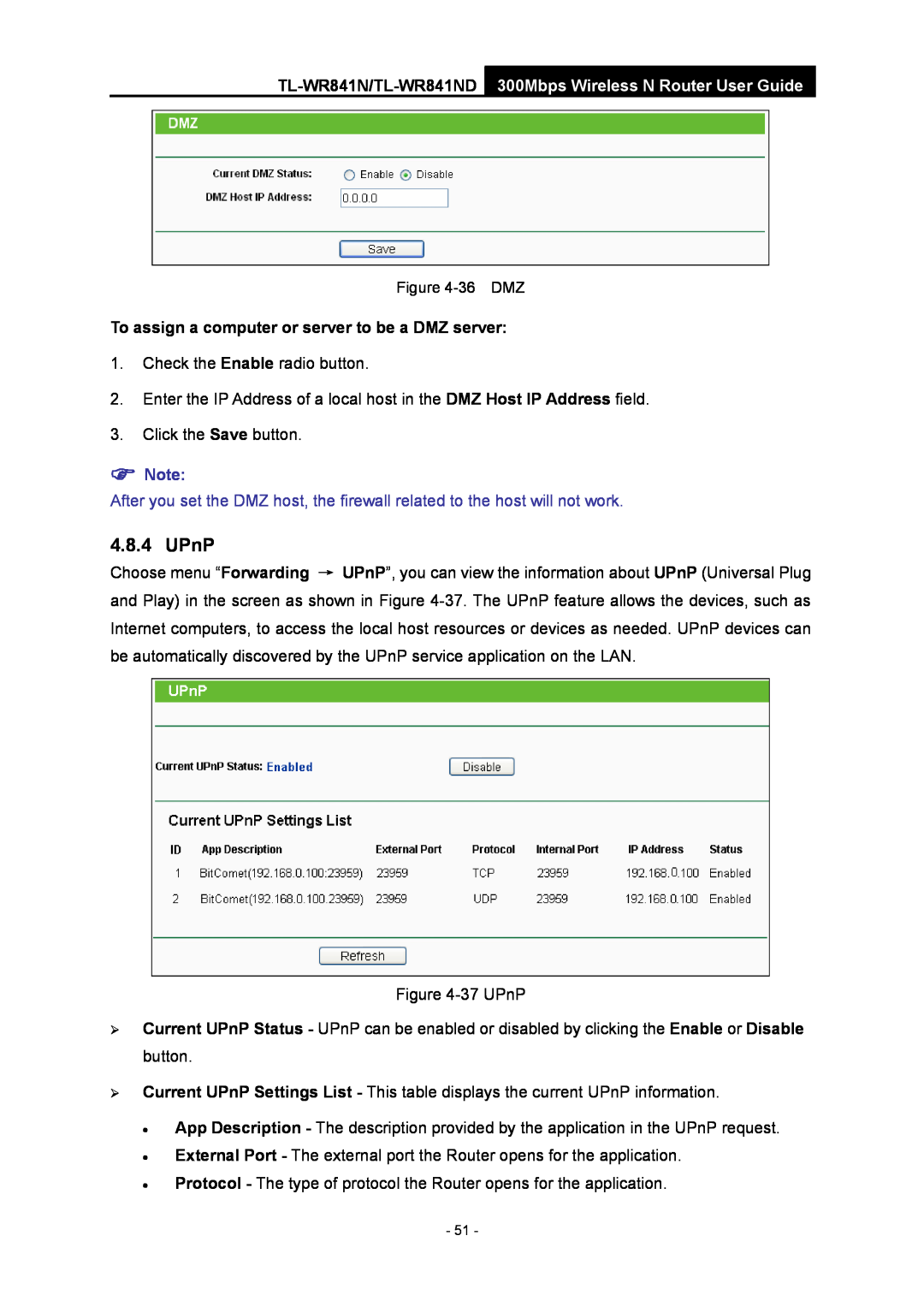 TP-Link manual UPnP, To assign a computer or server to be a DMZ server, TL-WR841N/TL-WR841ND, 36 DMZ 