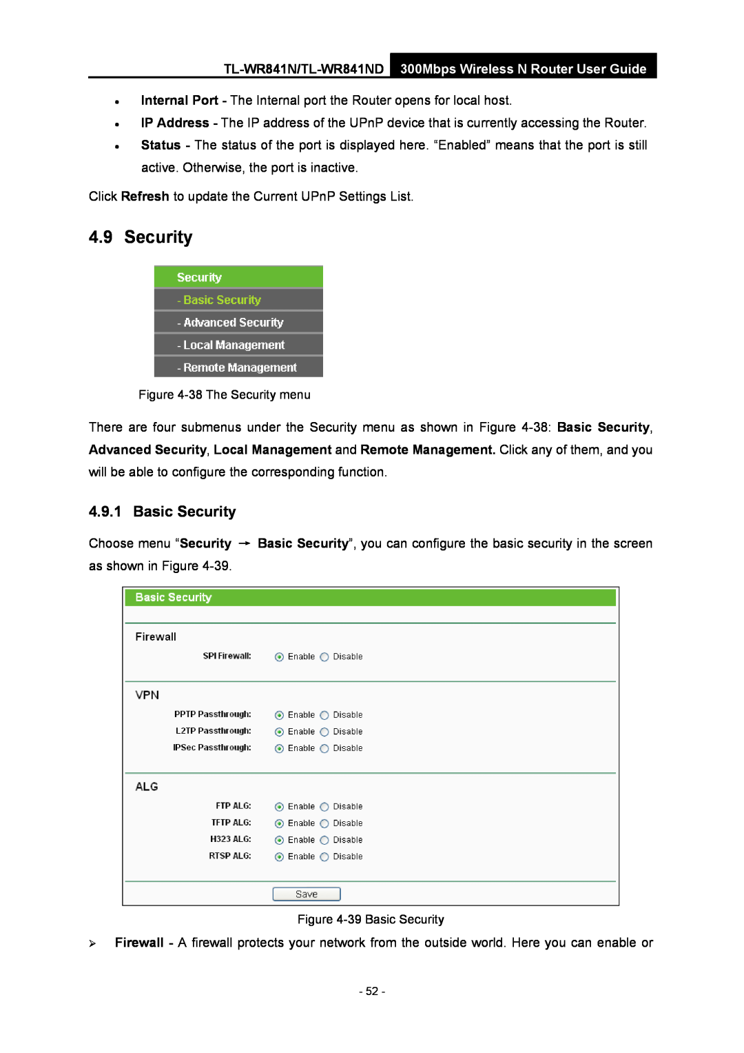 TP-Link manual Basic Security, TL-WR841N/TL-WR841ND 300Mbps Wireless N Router User Guide 