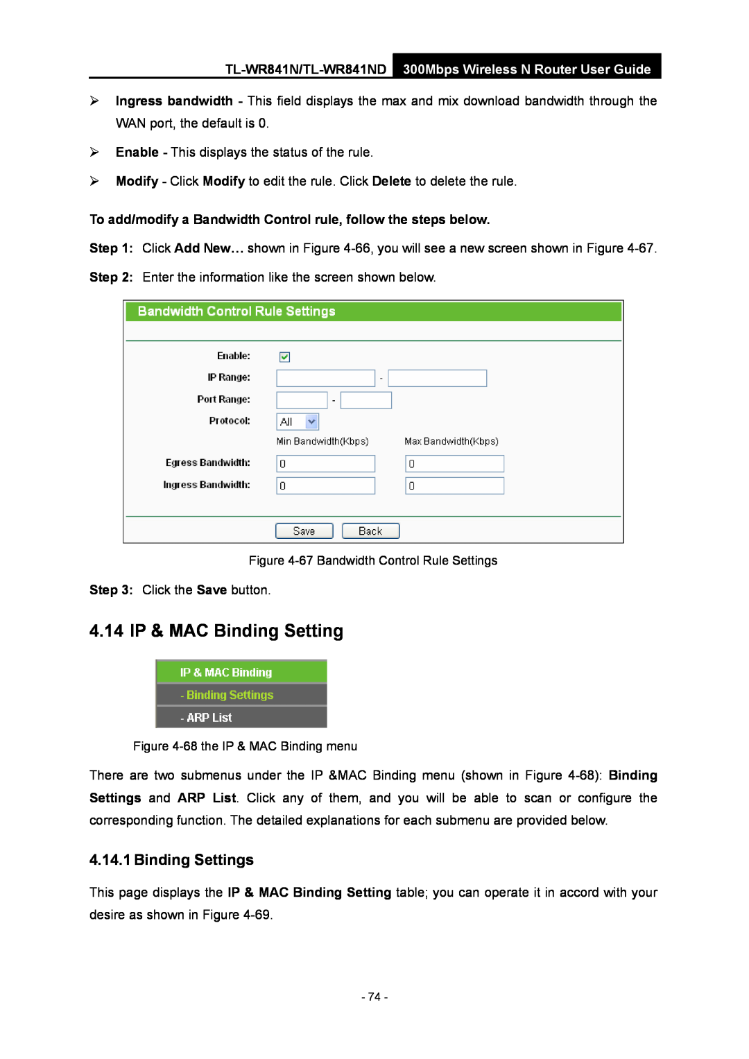 TP-Link TL-WR841N manual 4.14 IP & MAC Binding Setting, Binding Settings 