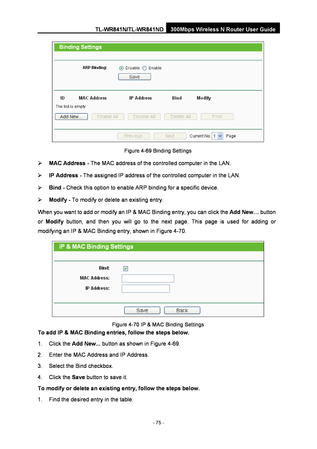 TP-Link TL-WR841N manual To add IP & MAC Binding entries, follow the steps below, 69 Binding Settings 