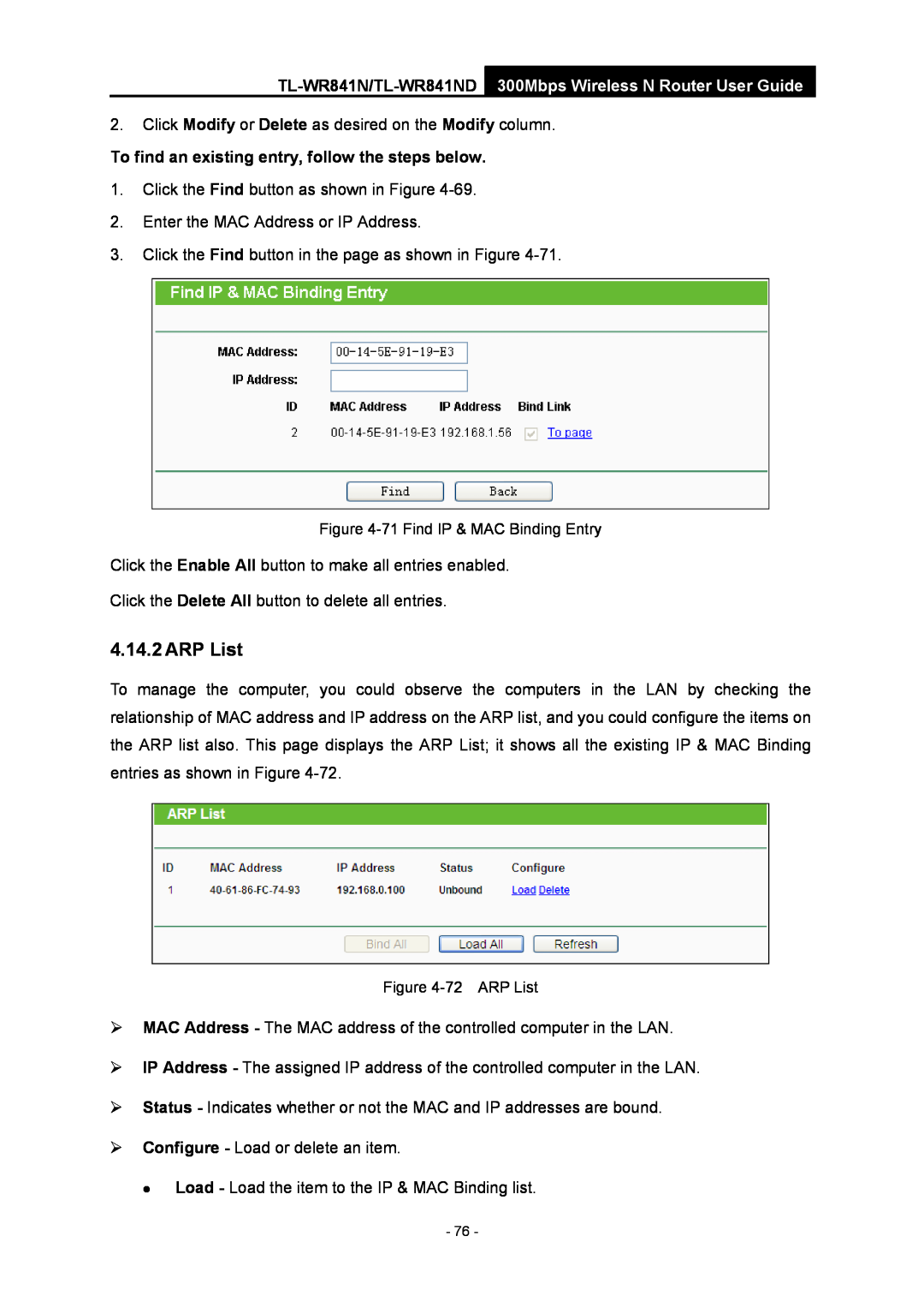 TP-Link TL-WR841N manual ARP List, To find an existing entry, follow the steps below 