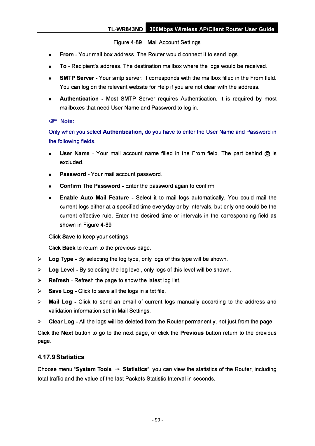 TP-Link TL-WR843ND manual Statistics, 300Mbps Wireless AP/Client Router User Guide,  Note,    