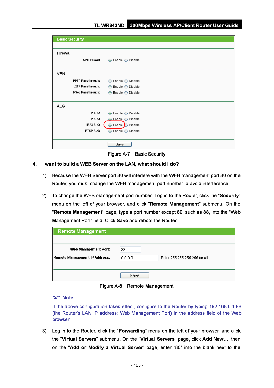 TP-Link TL-WR843ND manual I want to build a WEB Server on the LAN, what should I do?, Figure A-7 Basic Security,  Note 