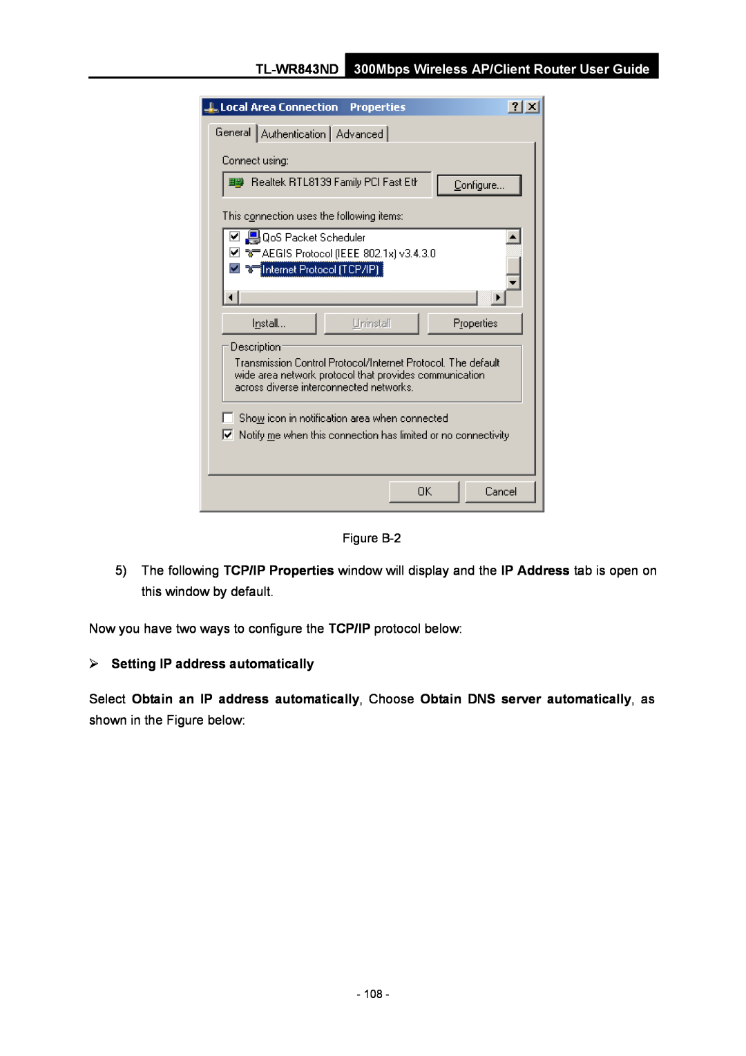 TP-Link TL-WR843ND manual  Setting IP address automatically, 300Mbps Wireless AP/Client Router User Guide, Figure B-2 