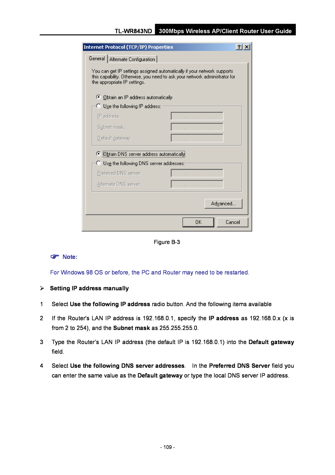 TP-Link TL-WR843ND  Setting IP address manually, 300Mbps Wireless AP/Client Router User Guide,  Note, Figure B-3 