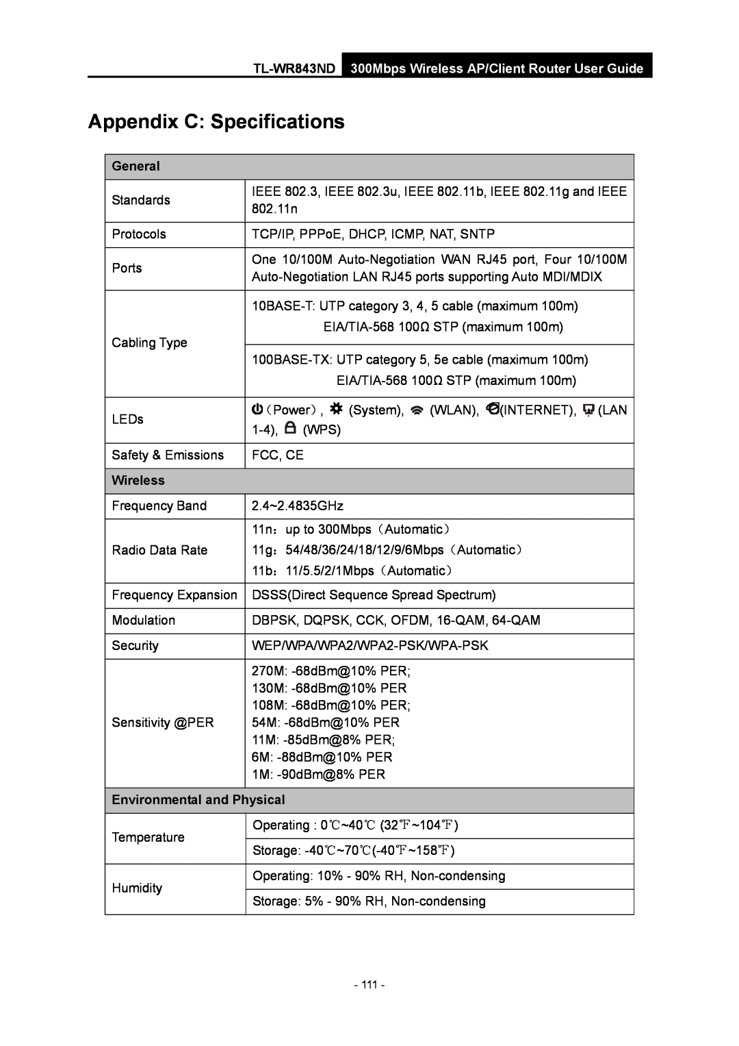 TP-Link TL-WR843ND manual Appendix C Specifications, General, Wireless, Environmental and Physical 