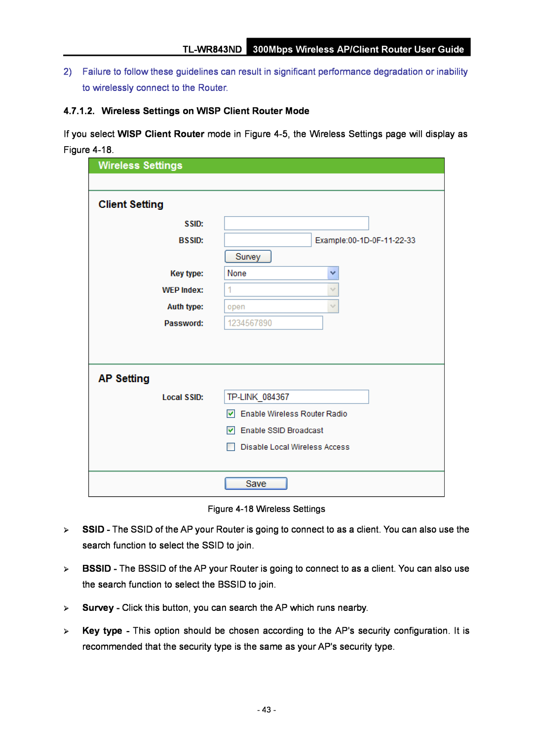 TP-Link manual Wireless Settings on WISP Client Router Mode, TL-WR843ND 300Mbps Wireless AP/Client Router User Guide 