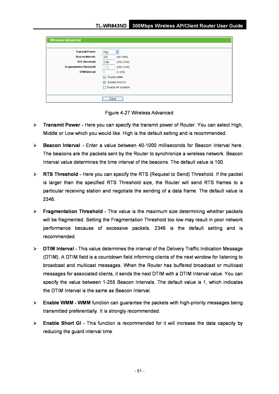 TP-Link manual TL-WR843ND 300Mbps Wireless AP/Client Router User Guide, 27 Wireless Advanced 