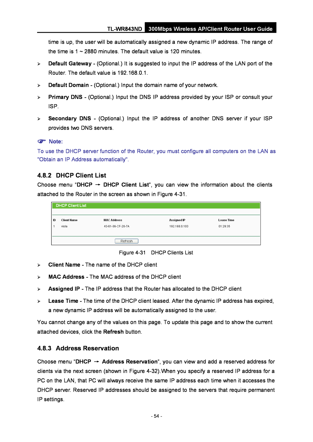 TP-Link manual DHCP Client List, Address Reservation, TL-WR843ND 300Mbps Wireless AP/Client Router User Guide,  Note 