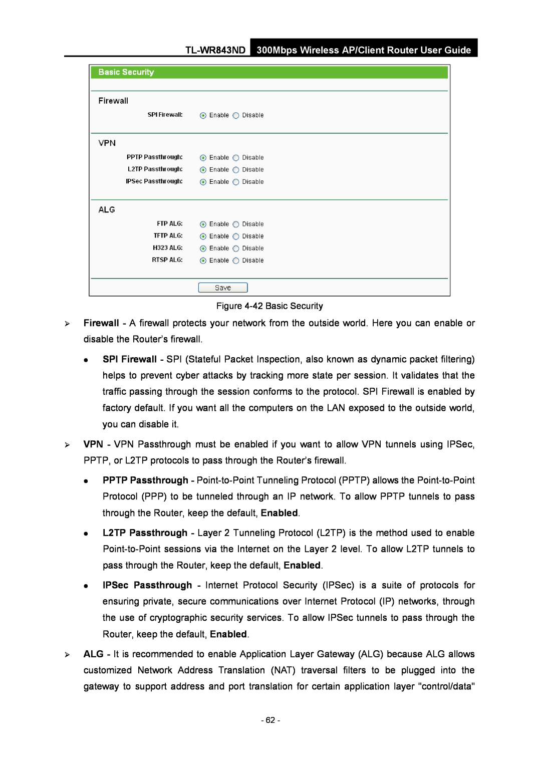 TP-Link manual TL-WR843ND 300Mbps Wireless AP/Client Router User Guide, 42 Basic Security 