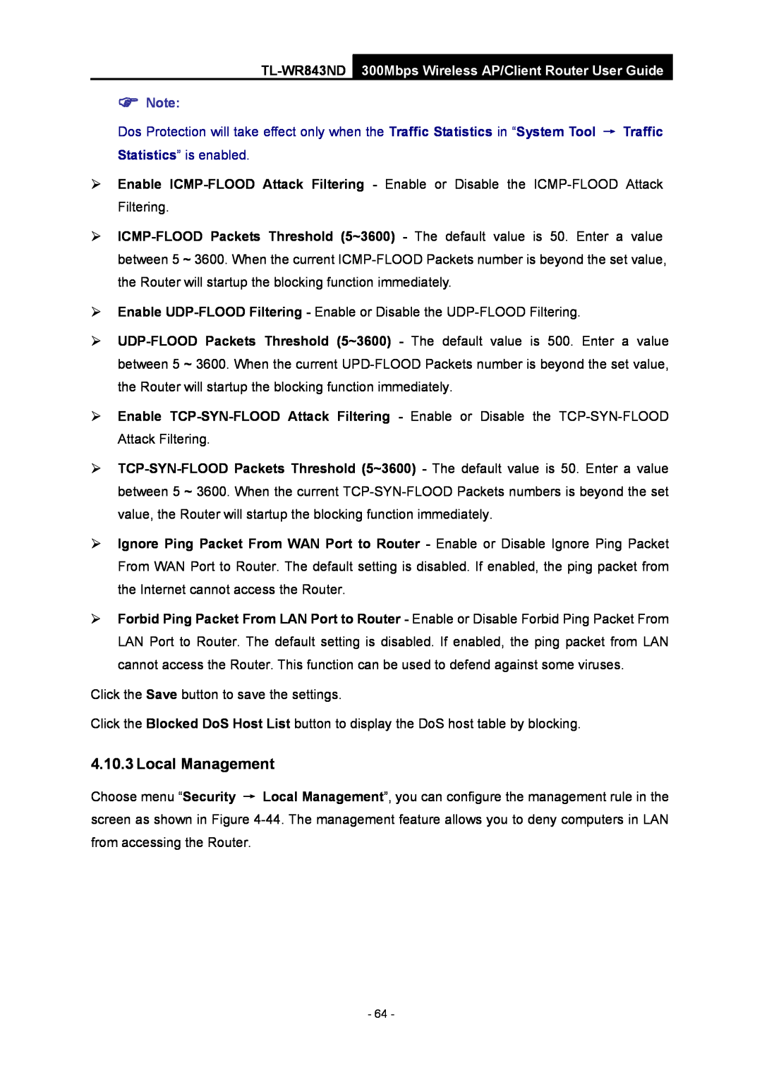 TP-Link manual Local Management, TL-WR843ND 300Mbps Wireless AP/Client Router User Guide,  Note 