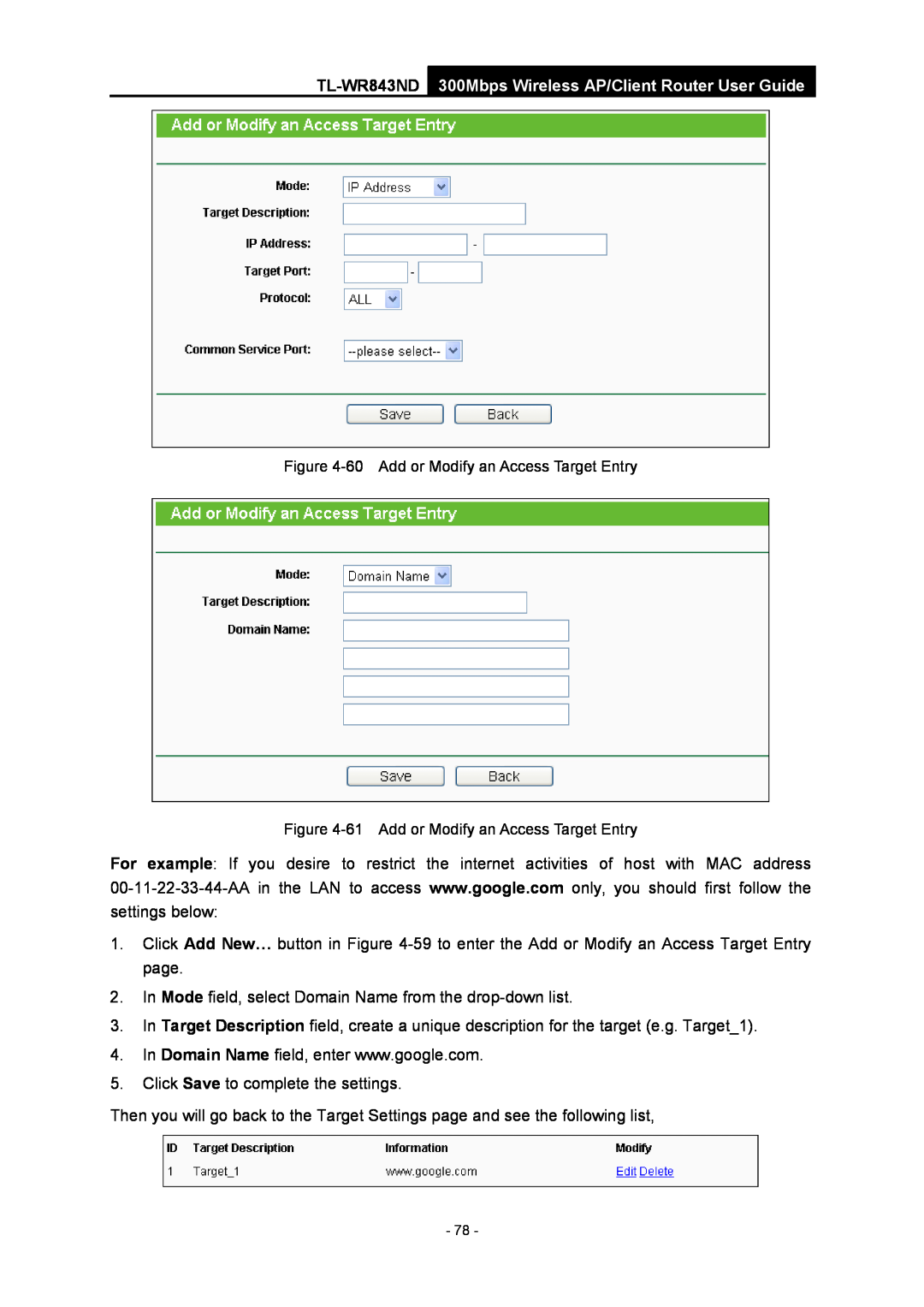 TP-Link manual TL-WR843ND 300Mbps Wireless AP/Client Router User Guide, 60 Add or Modify an Access Target Entry 