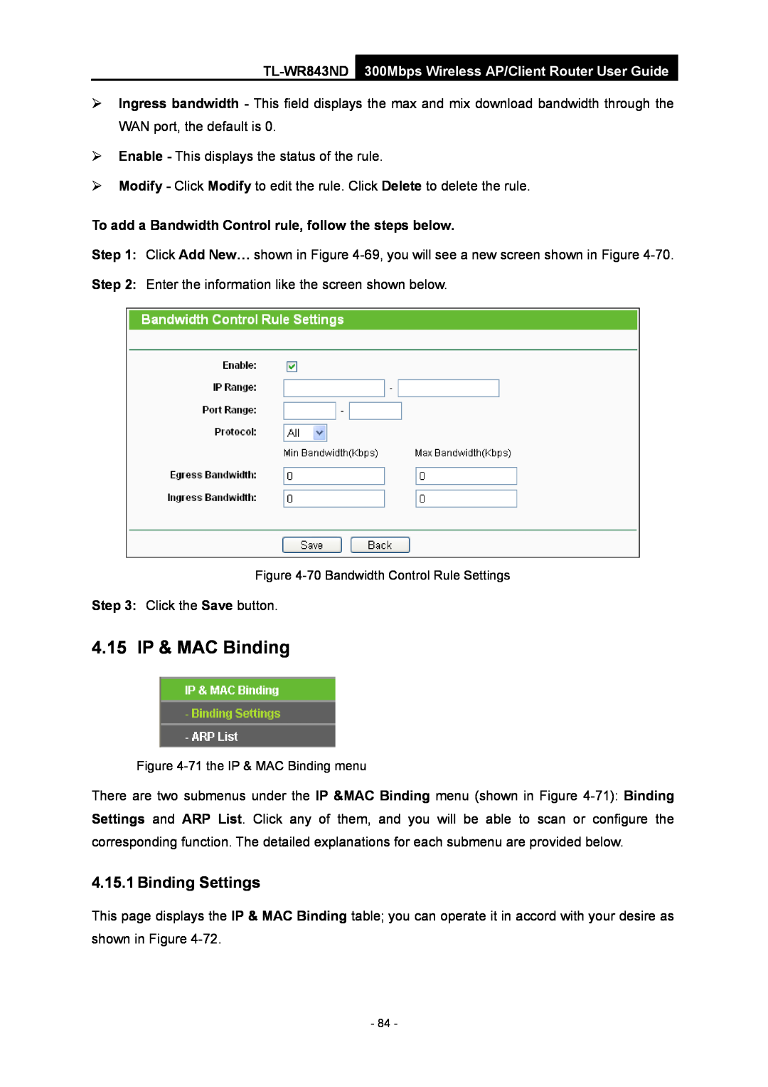 TP-Link TL-WR843ND manual 4.15 IP & MAC Binding, Binding Settings, To add a Bandwidth Control rule, follow the steps below 