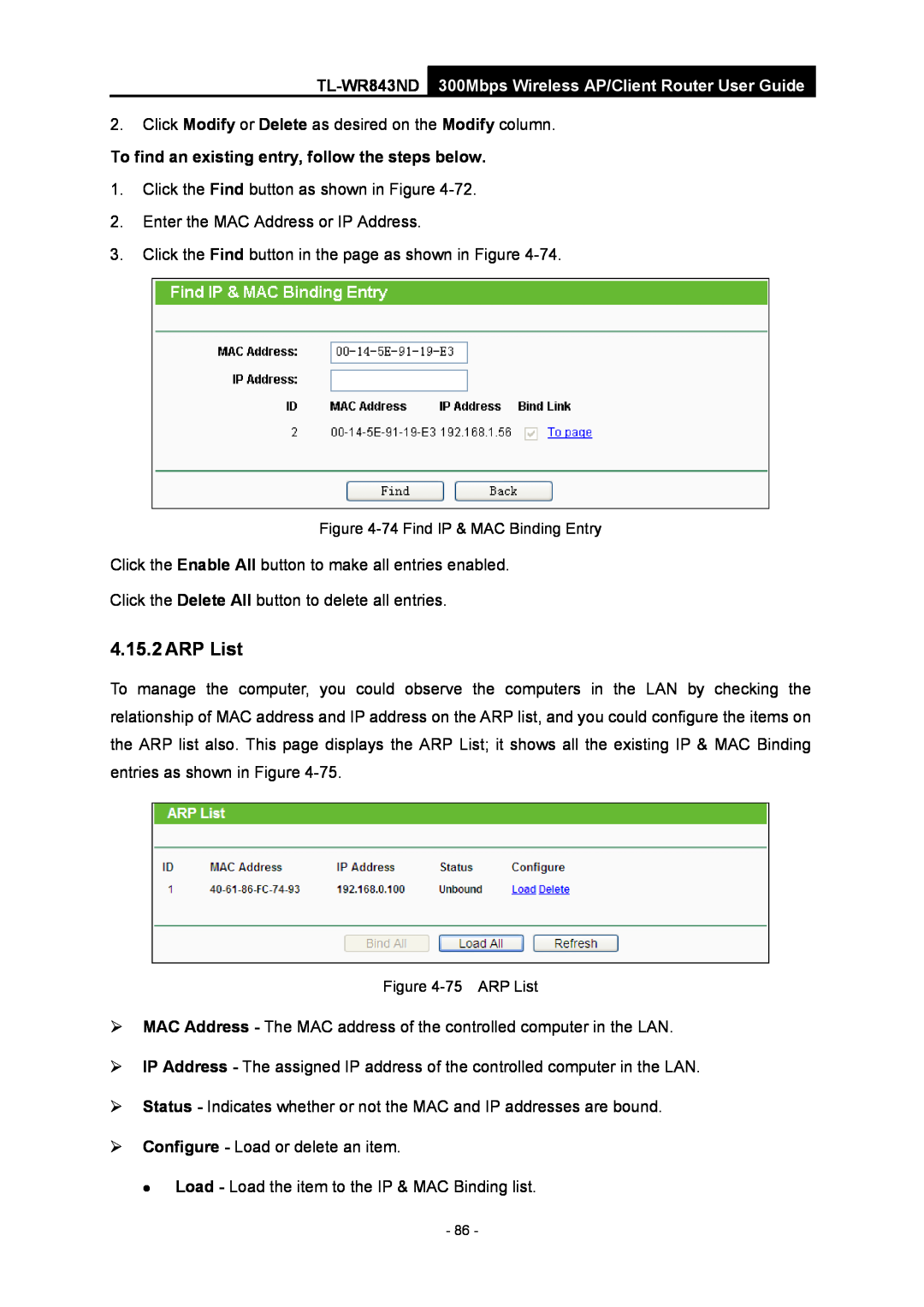 TP-Link TL-WR843ND manual ARP List, To find an existing entry, follow the steps below 