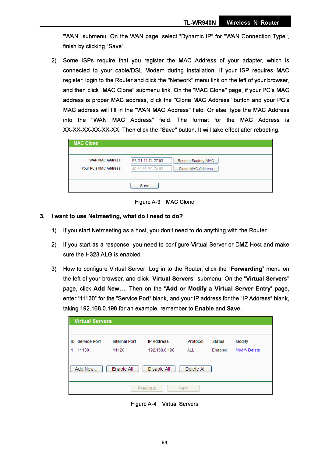 TP-Link manual I want to use Netmeeting, what do I need to do?, TL-WR940N Wireless N Router, Figure A-3 MAC Clone 