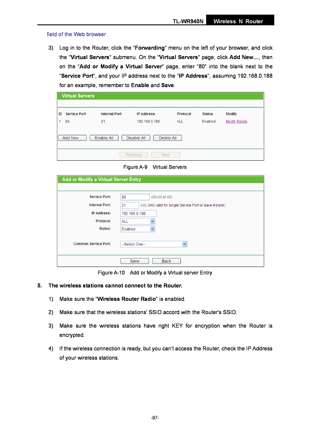 TP-Link TL-WR940N manual field of the Web browser, The wireless stations cannot connect to the Router 