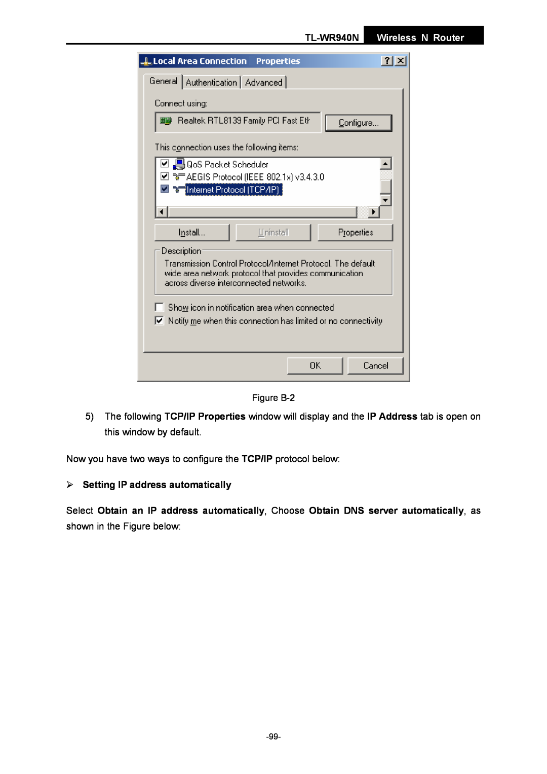 TP-Link manual ¾ Setting IP address automatically, TL-WR940N Wireless N Router, shown in the Figure below, Figure B-2 