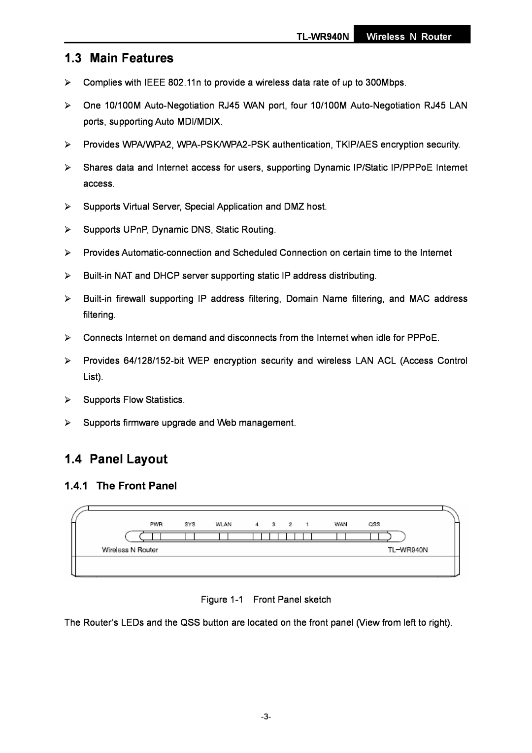TP-Link manual Main Features, Panel Layout, The Front Panel, TL-WR940N Wireless N Router 