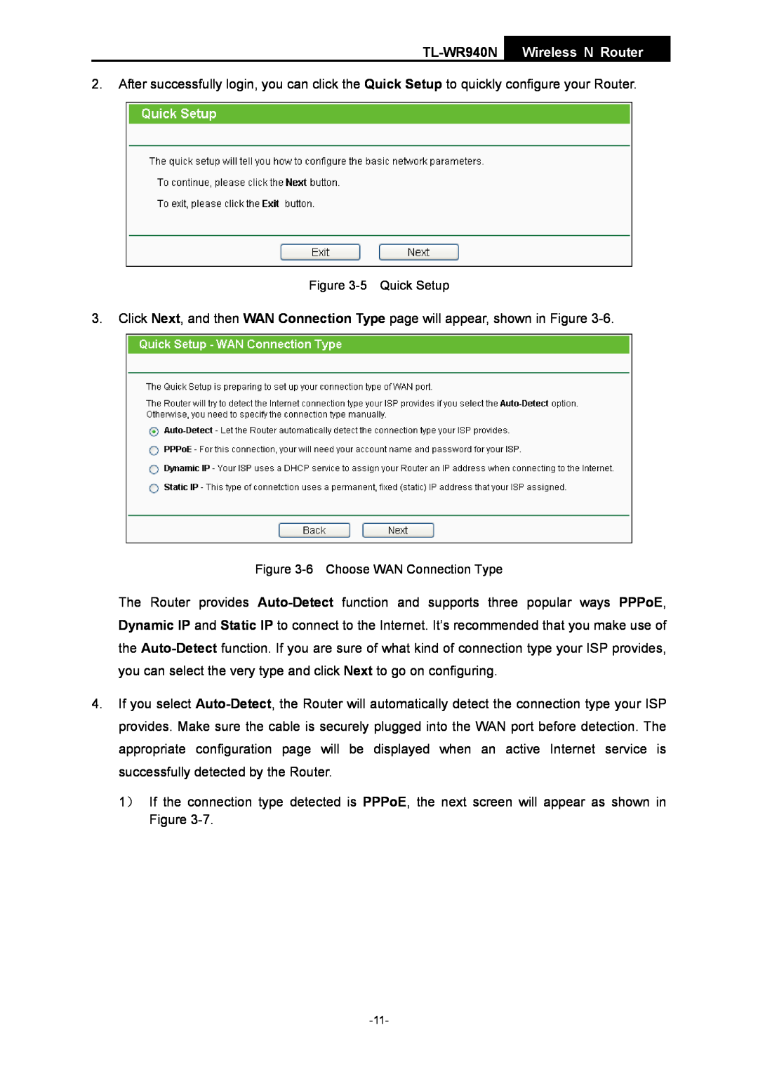 TP-Link manual TL-WR940N Wireless N Router, 5 Quick Setup, 6 Choose WAN Connection Type 