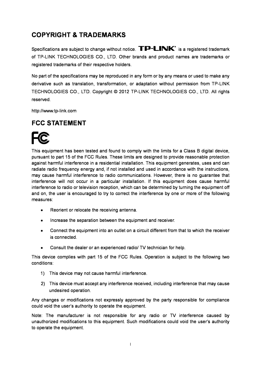 TP-Link TL-WR940N manual Copyright & Trademarks, Fcc Statement 