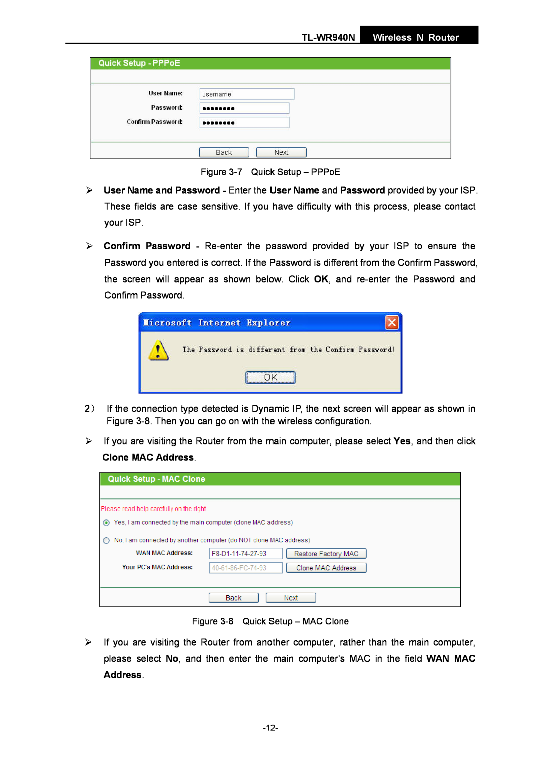 TP-Link manual TL-WR940N Wireless N Router, 7 Quick Setup - PPPoE, 8 Quick Setup - MAC Clone 