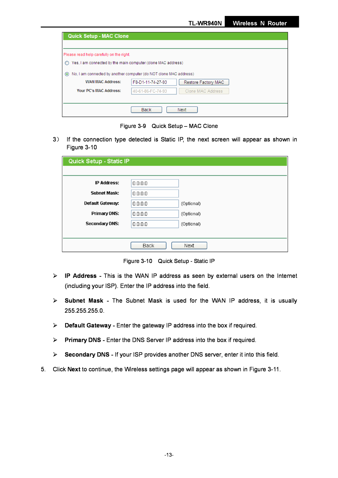 TP-Link manual TL-WR940N Wireless N Router, 9 Quick Setup - MAC Clone, 10 Quick Setup - Static IP 