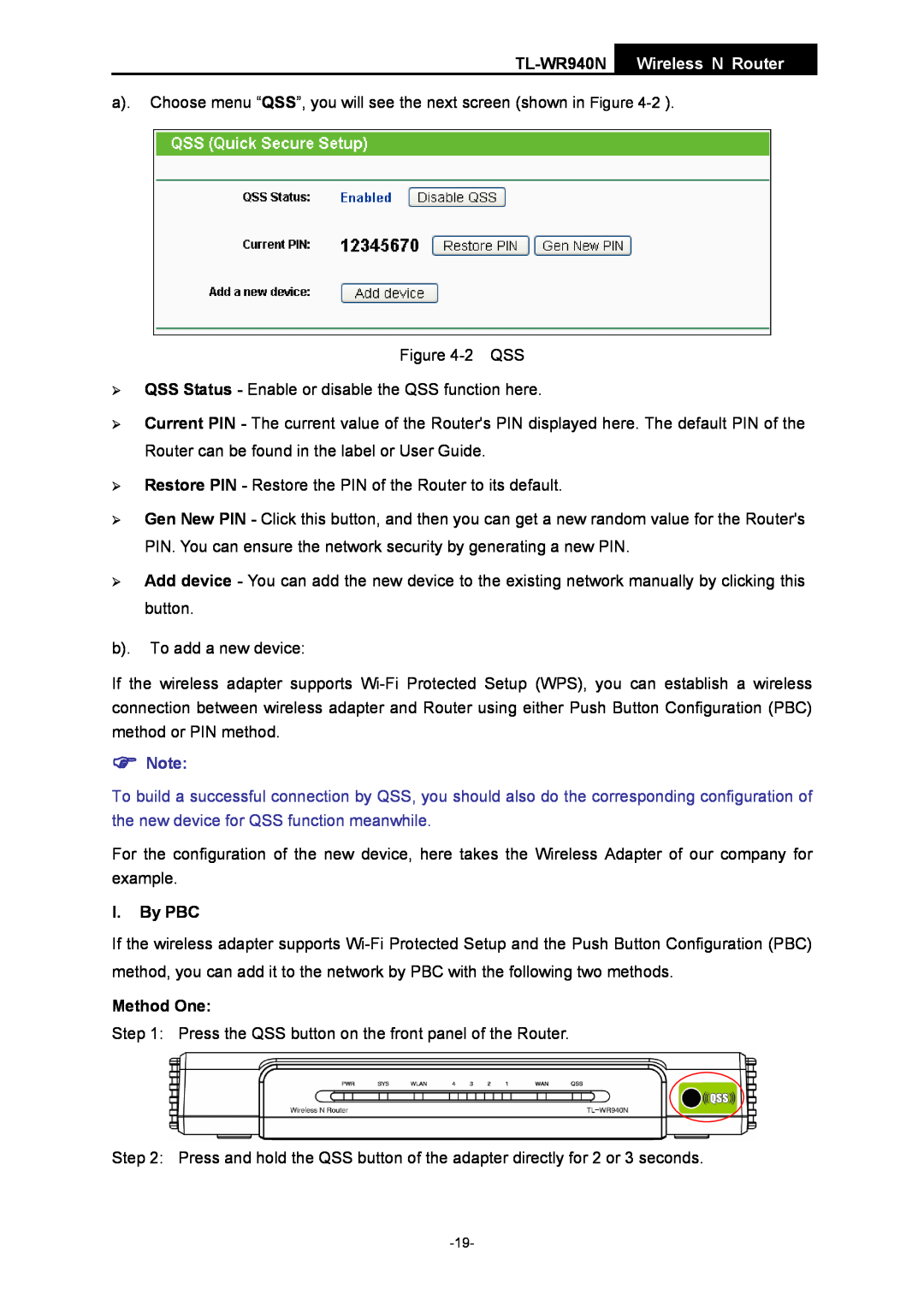 TP-Link manual I. By PBC, Method One, TL-WR940N Wireless N Router 