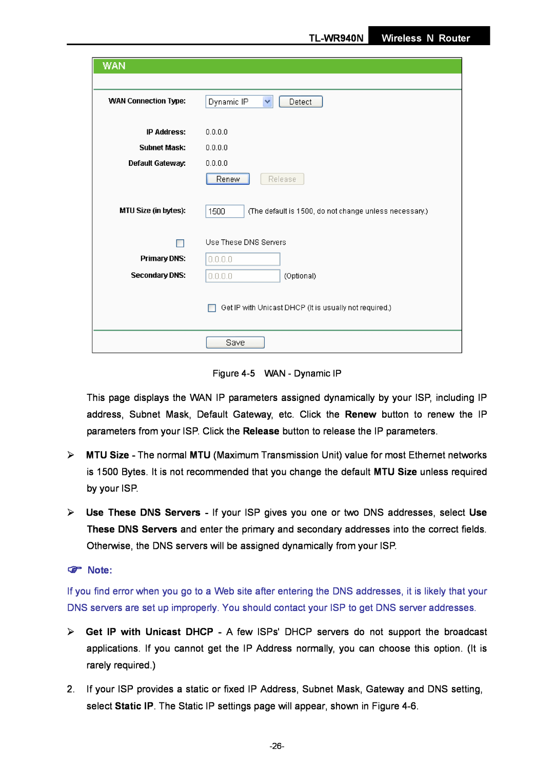 TP-Link manual TL-WR940N Wireless N Router, 5 WAN - Dynamic IP 