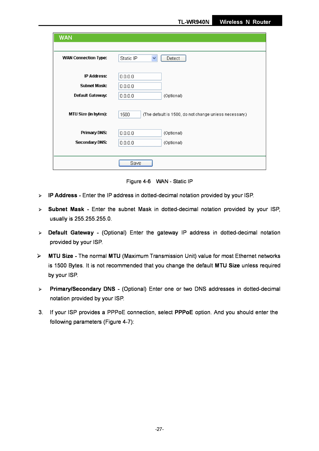 TP-Link manual TL-WR940N Wireless N Router, 6 WAN - Static IP 