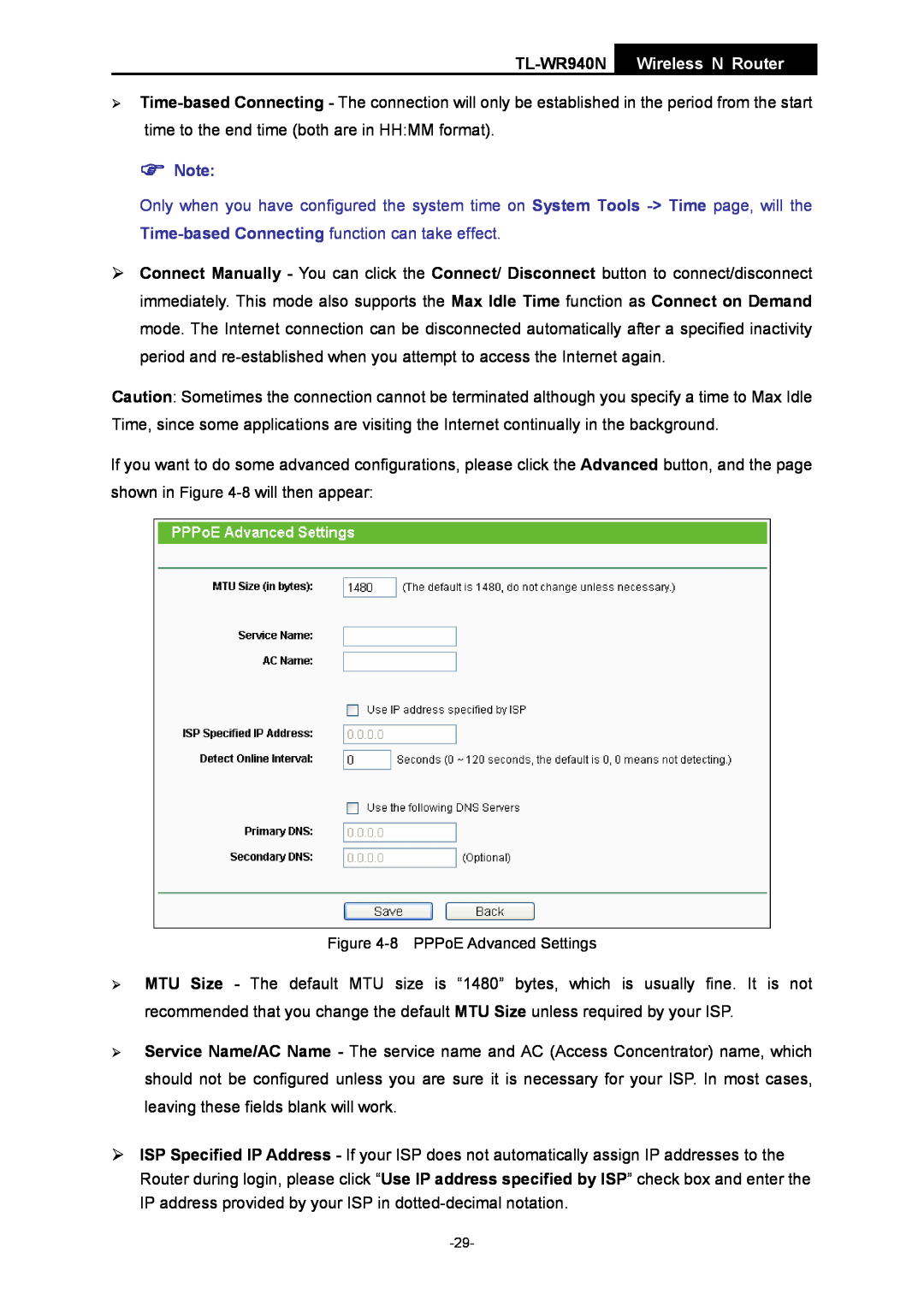 TP-Link manual TL-WR940N Wireless N Router, 8 PPPoE Advanced Settings 