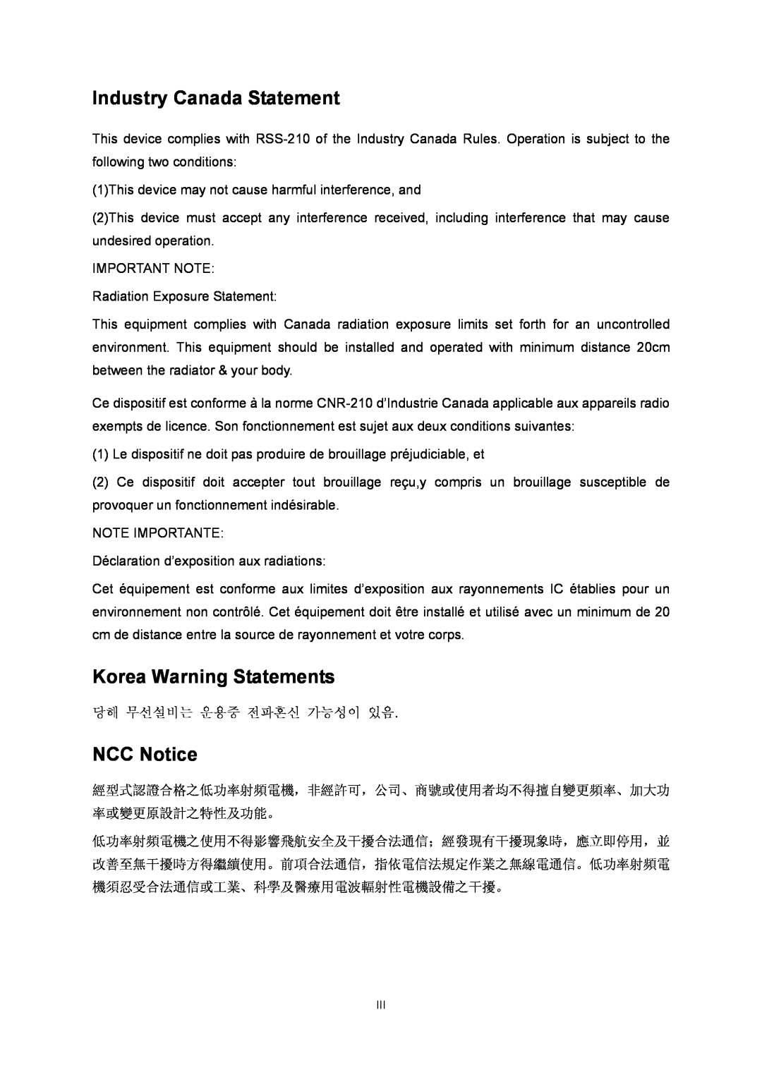 TP-Link TL-WR940N manual Industry Canada Statement, Korea Warning Statements, NCC Notice 